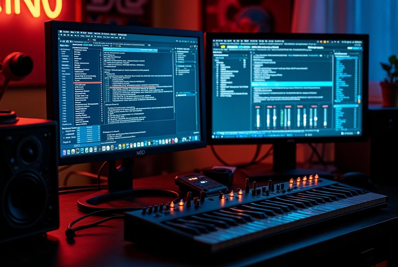 Studio monitor pair positioned on a desk near a computer