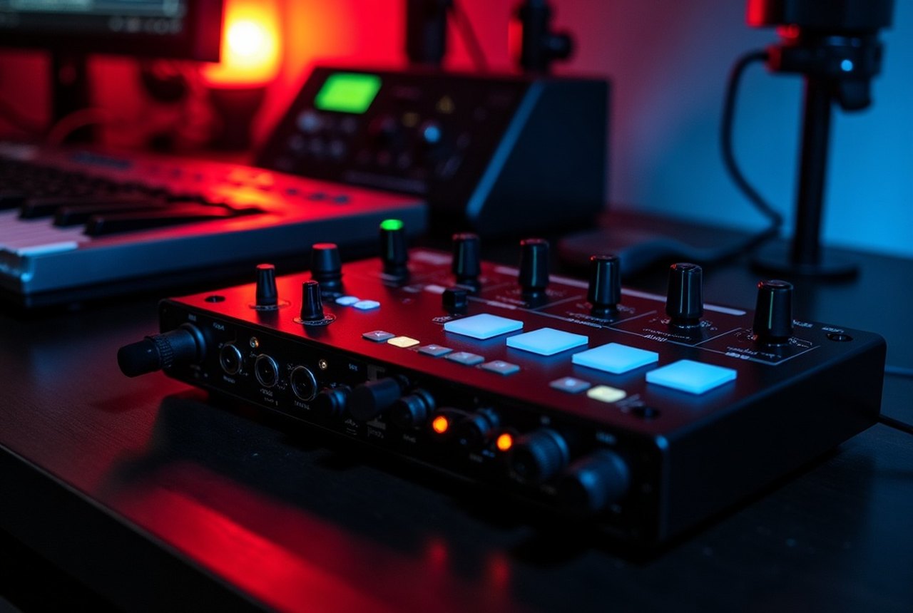 Compact audio/MIDI interface on a desk beside a keyboard
