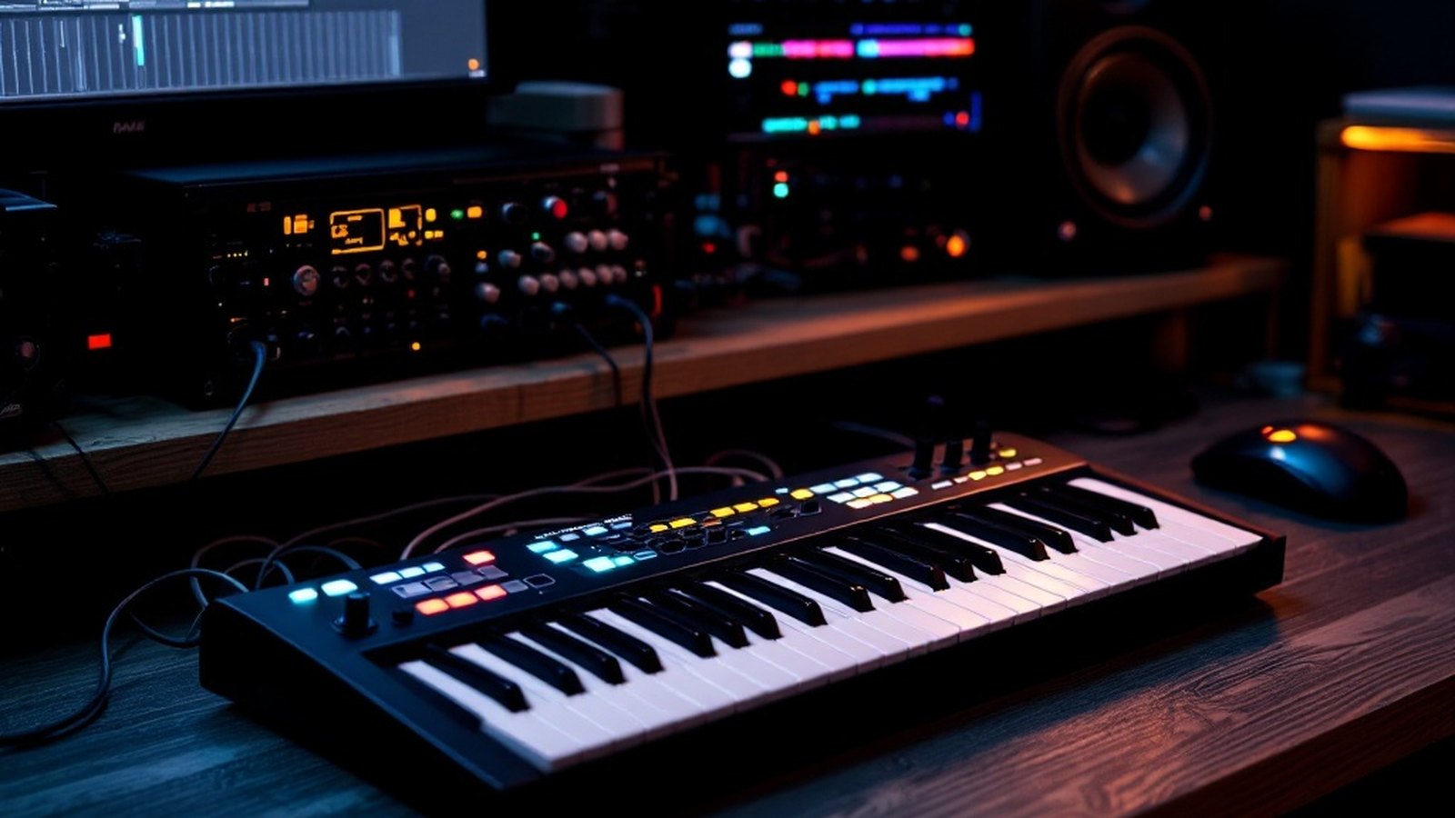 A budget USB MIDI controller (25–49 keys) on a simple desk — top of article