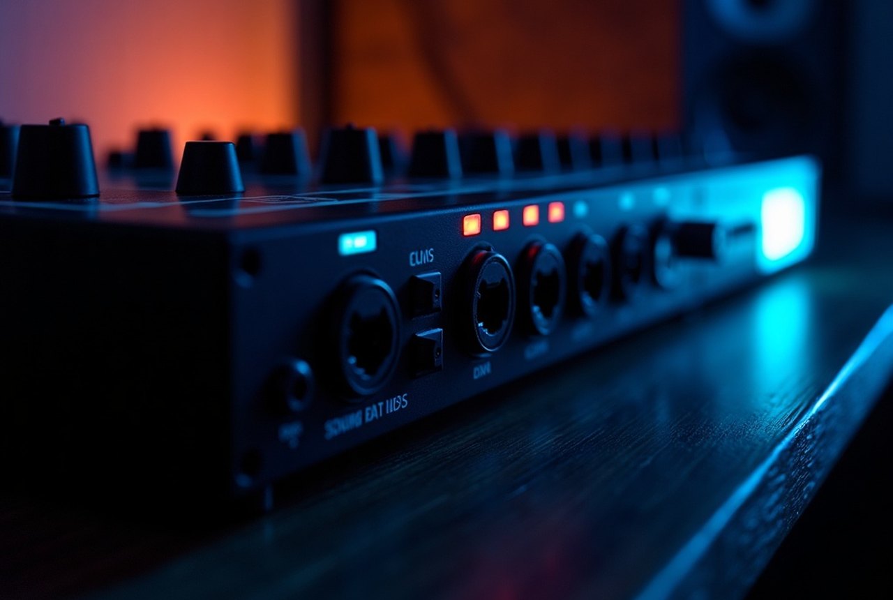 Side-by-side photo of a USB-B port and a pair of DIN-5 MIDI ports on an audio interface rear panel