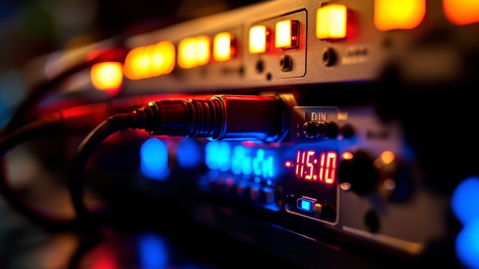 Close-up of 5-pin DIN MIDI In/Out/Thru ports on a keyboard or interface