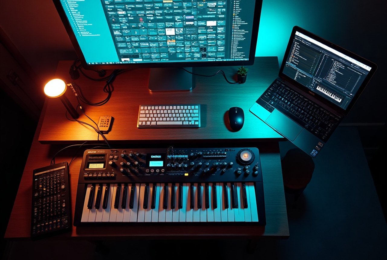 Overhead shot of a small studio desk: keyboard, laptop, and compact USB-MIDI interface connected