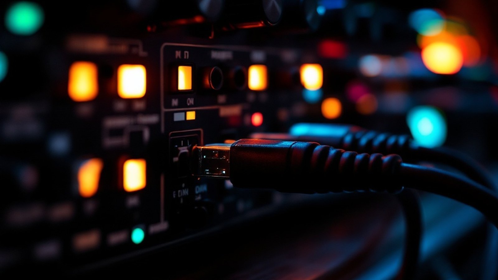 Close-up of a 5-pin DIN MIDI cable plugged into a rack synth