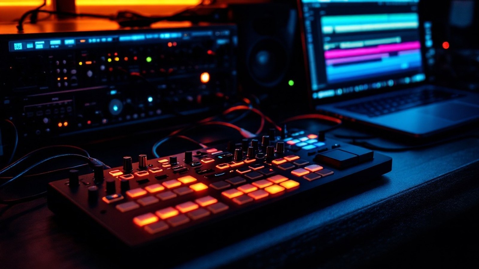 A MIDI controller connected via USB to a laptop running a DAW — top of article, before first section