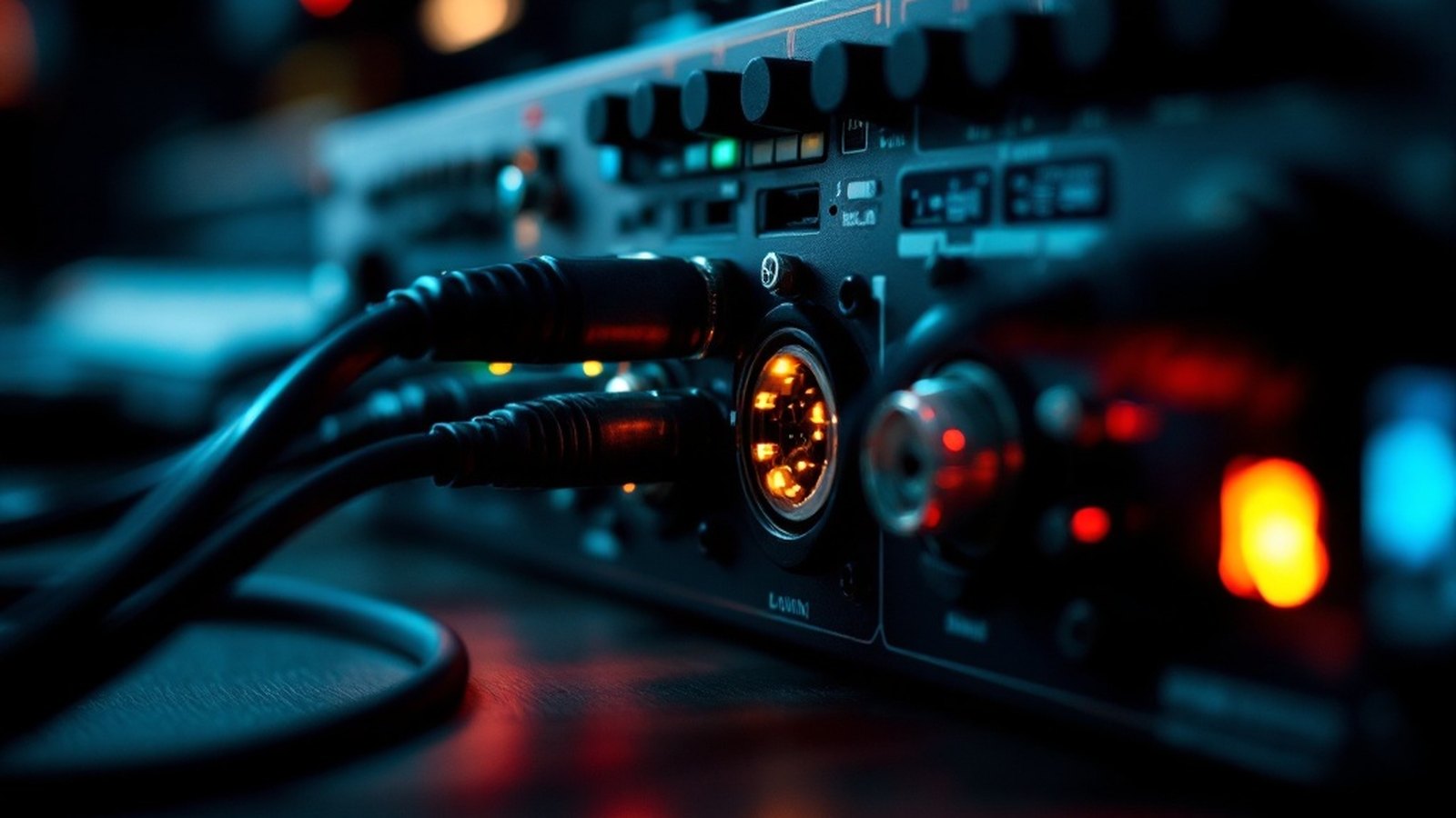 Close-up of 5-pin DIN connectors being plugged into a MIDI interface rear panel