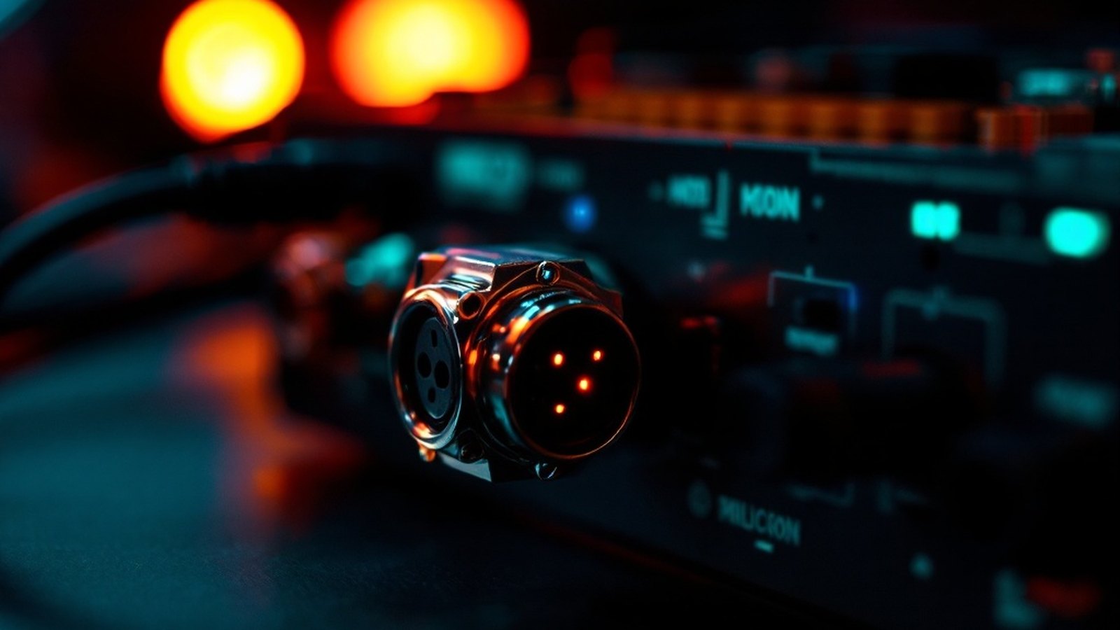 Close-up of a 5-pin DIN MIDI connector and cable
