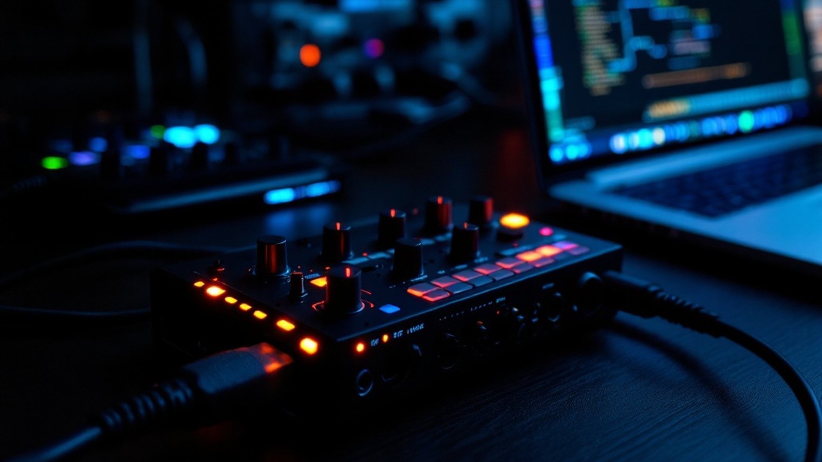 Clean photo of a USB audio interface plugged into a laptop — opening section