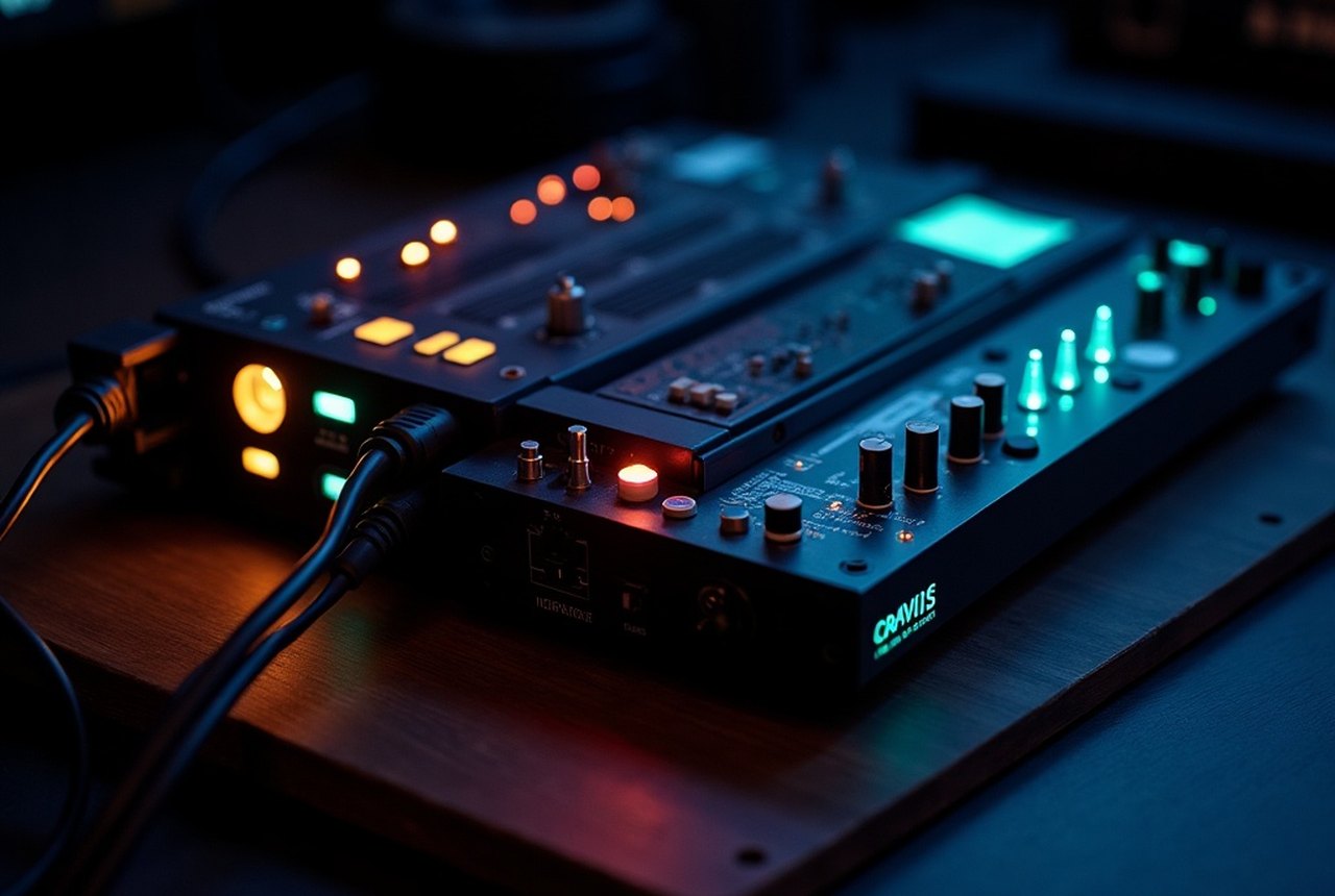 Side-by-side of a Gravis Ultrasound card and a MIDI cable