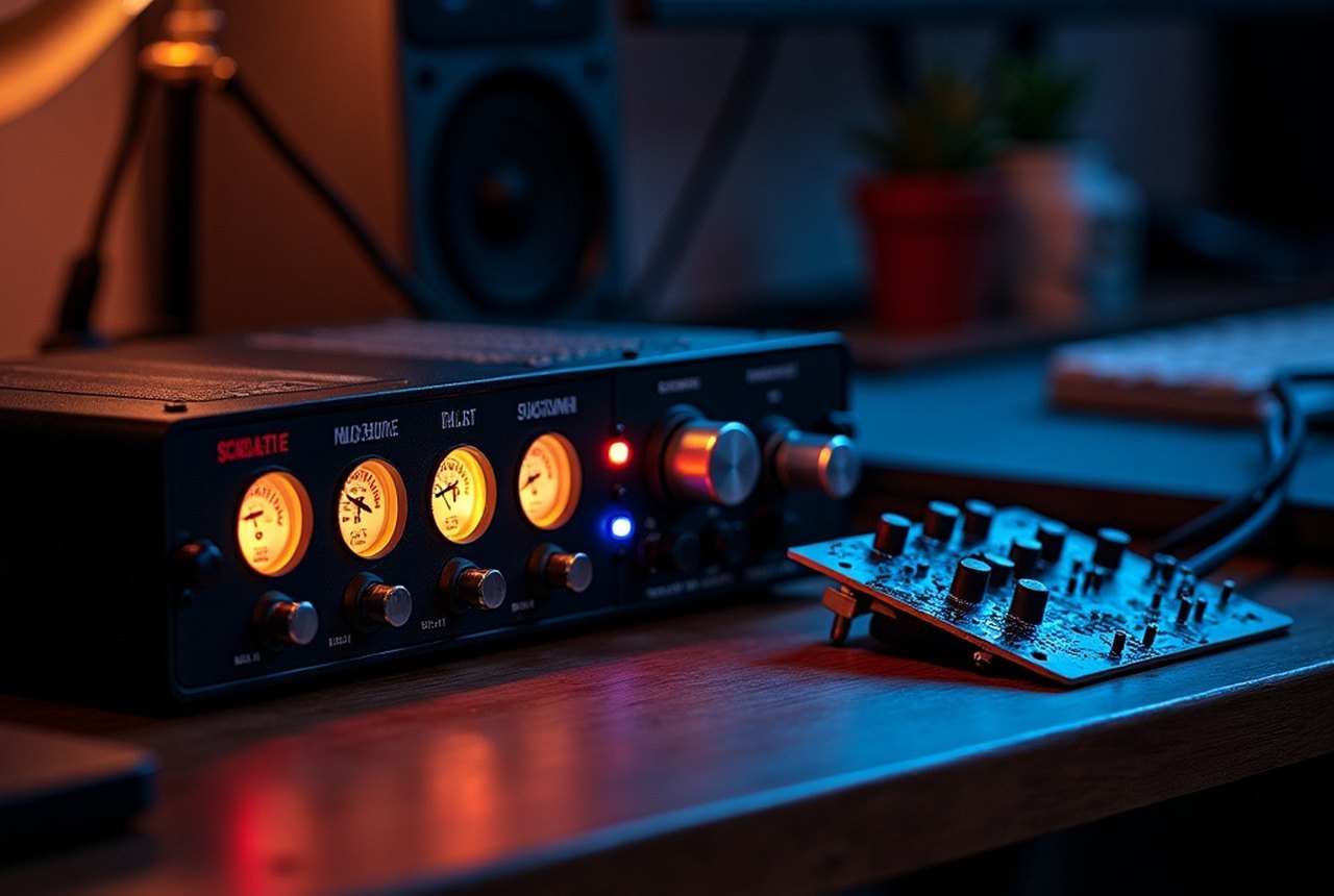 A modern USB audio interface next to a vintage Sound Blaster sound card